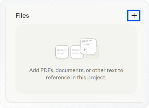 The Files panel of a Claude project, with a plus button for adding documents
