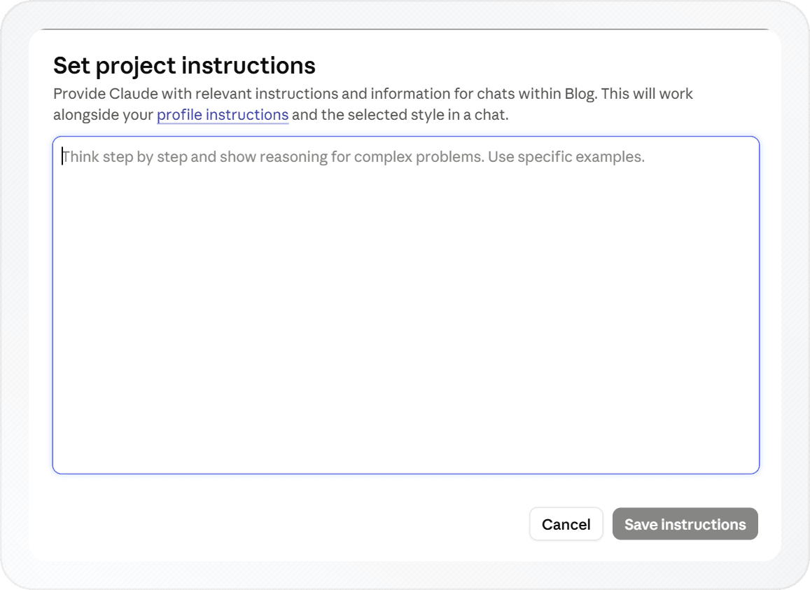 Claude's "Set project instructions" dialog with an empty text box and Save instructions button