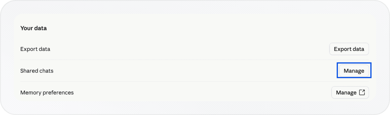 Shared chats row with a Manage button in Claude's Privacy settings